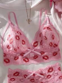 Rosa Spitzen-Lingerie-Set mit Lippen-Muster, charmant und sexy