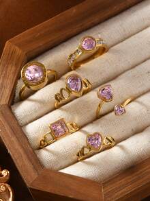 4/6/7 Pieces Fashionable French Delicate Stainless Steel Ring Set For Women With Pink Gemstone Jewellery Suitable For Women's Daily Matching Use Holiday Dating Gift Wedding Engagement Ring Jewellery