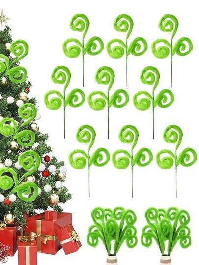 3Pcs Green Furry Christmas Picks, Christmas Tree Topper, Christmas Tree Ornaments, Christmas Tree Spiral Curly Picks, For Christmas Tree Topper Filler Branches, Christmas Decorations For Home, Vase Filler Branches Sticks, Christmas Gifts