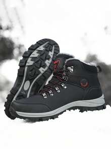 秋冬抓绒雪地靴军靴青少年校园学生抓绒短靴户外雪地靴登山靴徒步靴防寒保暖耐穿 - 黑色 - 查看 4