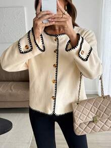 Autumn And Winter Casual Knitted Contrasting Edge Women's Cardigan, Loose Round Neck Jacket