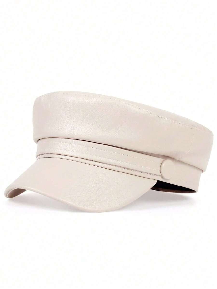 Solid Color PU Leather Casual Versatile Daily Women Beret Hats - Beige - View 1