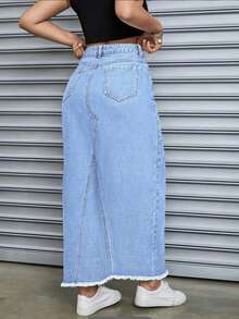 女式修身中长款无弹力牛仔裙，开叉下摆细节和口袋设计 - 适合春、夏、秋、冬的休闲中长款牛仔裙 - 淺色水洗藍 - 查看 2
