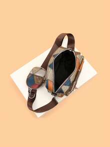 2 件/套缝制斜挎包，带迷你钥匙包，时尚书包通勤青少年新生高中大学实用时尚斜挎包斜挎包单肩包感恩节旅行钱包假日手提包户外便携度假复古胸包包礼物圣诞节旅行必备品复古包情人节假日必备包露营斜挎包冬季棕色包回到学校复古