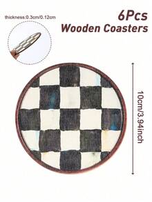 6pcs Black White Wooden Coasters, Black White Checkered Pattern Absorbent Coasters Set Coffee Coaster, Tea Coffee Table Dining Table Desk Heat-Resistant Coasters Insulated Pads, Living Room Bedroom Office Tea Room Desktop Protection, Suitable For All Kinds Of Cups, Desktop Decoration, Home Restaurant Tea Coffee Bar Decoration