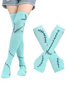 1/2 Set Sally Costume Women Arm Sleeves And Thigh High Boots - Light Blue Stitched Scar Sleeves, Suitable For Cosplay, Christmas Party, Holiday Jumpsuit And Accessories - Multicolor - View 2