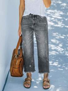 Comfortable Loose Fit Stretchy Distressed Washed Blue Frayed Hem Straight Leg Jeans For Women, Street Style