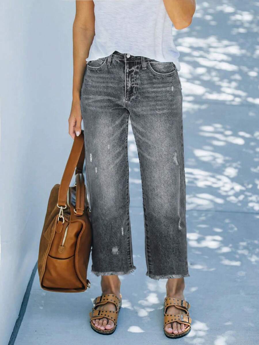 Comfortable Loose Fit Stretchy Distressed Washed Blue Frayed Hem Straight Leg Jeans For Women, Street Style