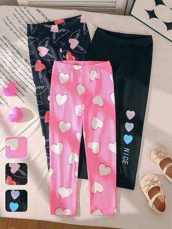 3 件套女童休闲裤，纯色，扎染，心形和蝴蝶印花打底裤