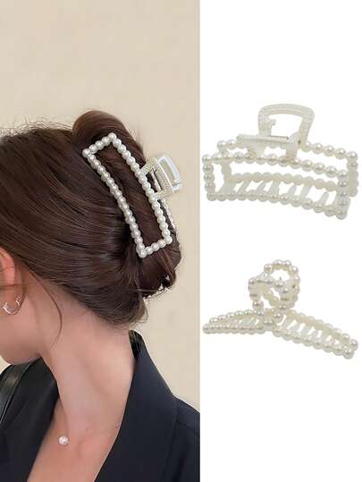 2pcs Pearl Square Crisscross Hair Clips, Elegant And Versatile Hair Accessories For Updo, Suitable For Daily And Event Wear Hair Claws Claw Clips Hair Jaw Clip Hair Clamps Hair Clutch Hair Catcher Clip Fall Winter For Vacation Outfits Woman