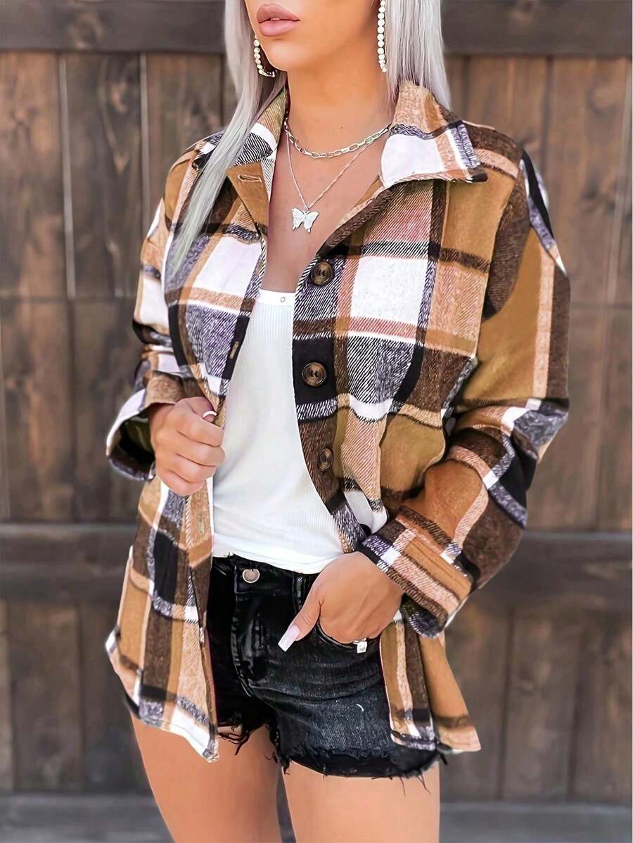 Women's Pink Plaid Oversized Shirt Jacket with Button Front & Turn - Down Collar, Casual Loose Fit Outfit for Autumn/Winter/Daily/Street Style, Coats for Women - Albaricoque intenso - Ver 1