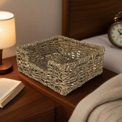 1pc Napkin Holder, For Table, Napkin Basket,Rattan Napkin Holders For Kitchen, Wicker Tray For Napkin, Water Hyacinth Handwoven Square Servin