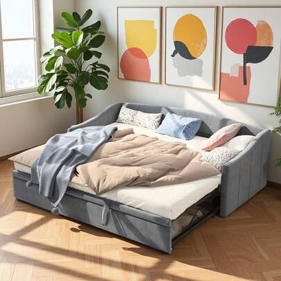 fortuna Lai Méridienne, 90x200cm, lit gigogne, canapé-lit, lit simple (sans matelas), velours, gris