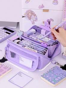 1pc New Creative Large Capacity Pencil Case, Multi-Functional Desktop Stationery Storage Box, Transparent Front Pocket, Suitable For Boys And Girls For Study And Work, Portable Pencil Bag, Great Gift, Back To School Supplies, Study Essential, Backpack, School Supplies