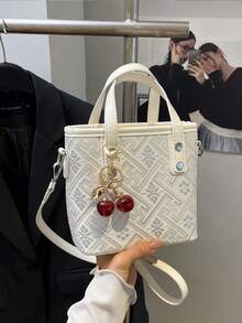 新中式刺绣女包，2025新款时尚托特包水桶包，高端春夏百搭单肩包，带随机图案吊坠 - 米色 - 查看 4