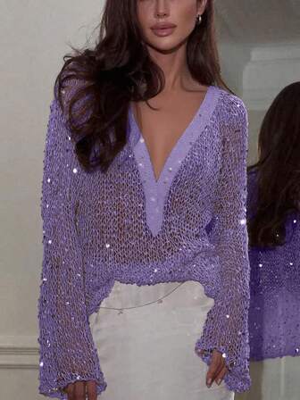 Yuwenier Blusa suelta de manga larga con escote pronunciado, calada y transparente con lentejuelas a ganchillo, para salir, fiestas y Halloween para mujeres