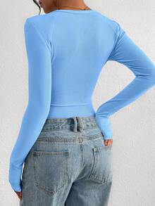 PRETTYGARDEN Women Spring And Fall Long Sleeve Shirts Clothes Cute Going Out Tops Ribbed Tight Fitted Plain Basic Tee Tshirts Vacation Outfits For Women - 淺藍 - 查看 2