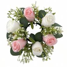 1pc Fake Flower Plant Leaves Candle Artificial Silk Rose Flower Wreath Candle Holder Plastic Small Buoy Farmhouse Wreath For Wedding Arrangement Bridal Bouquet Dining Table Core Garden Yard Birthday Shower Decoration Aesthetic Room Classroom Balcony Christmas Holiday Gift Decoration