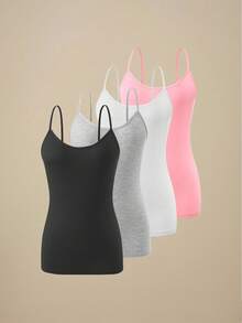 4-Pack Women's Basic Solid Color Camisole Top 4-Pack - Adjustable Spaghetti Strap Sleeveless Tank Tops For Women, Soft Stretch Summer Layering Essentials - Đen + Trắng + Xám + Hồng - Xem 2