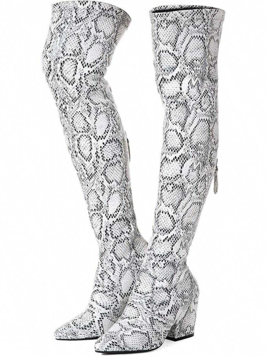 Women's Thigh High Block Heel Pointed Toe Stretch Over Knee Boots - Style - Rắn - Xem 1