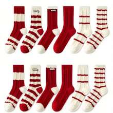 5 par grubych skarpet w paski, damskie skarpetki do połowy łydki, ciepłe i miękkie, zimowe skarpetki z czerwonymi paskami, ciepłe i supermiękkie, losowe kolory świąteczne