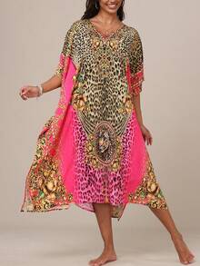 Women's Kaftan Dresses, Colorful Print Mrs Roper Caftan, Bathing Suit Cover Ups Beach Dresses  Leopard Print    Split    Vacation - 彩色 - 查看 3