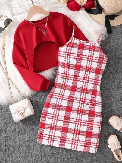 2pcs Girls Fashion Casual Minimalist Outfit Set, Vintage Plaid Suspender Dress & Solid Color Crew Neck Short Sleeve Knit Top, Comfortable & Soft Spring/Autumn Clothing For Teens