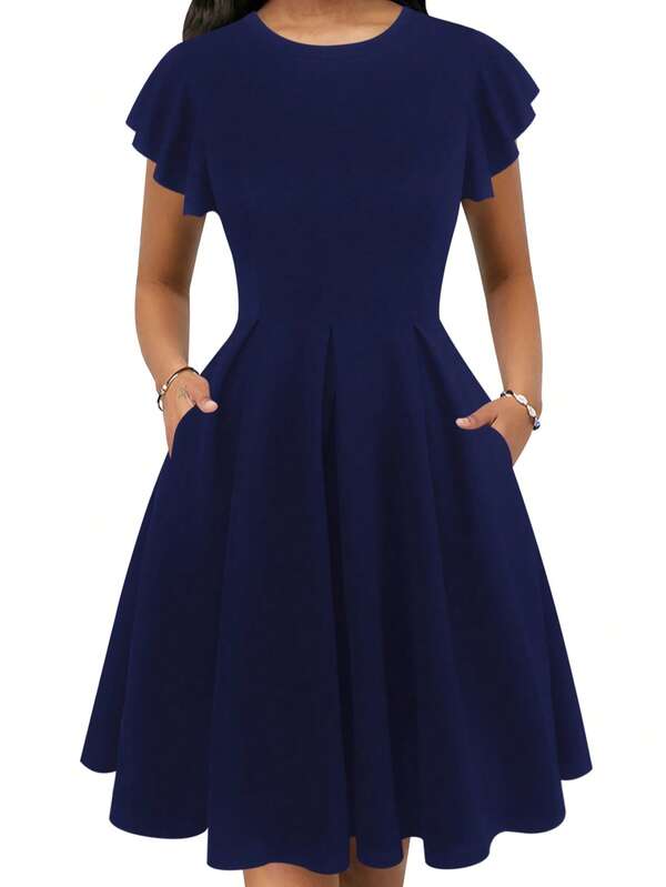 فستان كوكتيل أنيق للنساء مطبوع بطبعة زهرية عتيقة مع أكمام متطايرة، فساتين لحفلات التخرج والعطلات الصيفية مع جيوب