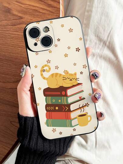 1 pieza Funda de teléfono con estampado de gato, con borde perforado, pintada y antideslizante, de moda y cómoda