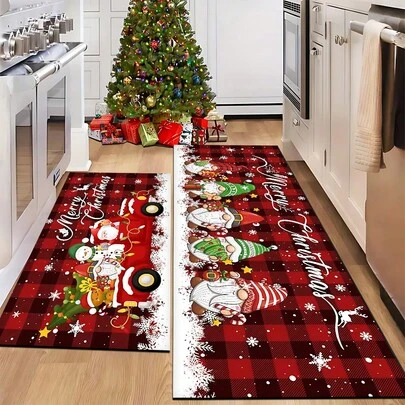1 pièce Tapis de cuisine en silicone antidérapant imprimé avec motif de lutin de Noël, tapis, tapis de sol, rectangle imprimé en 3D, convient pour le salon, la chambre, le couloir, la salle de bain, la buanderie - Tapis en polyester, décoration d'intérieur et d'extérieur, cadeau et décoration de Noël
