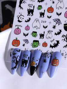 Bộ 4 miếng dán móng tay hình bí ngô Halloween, kiểu Gothic bao gồm hình ma, nhện, sao, mèo đen, xương, trang trí móng tay 3D trượt, thích hợp cho mùa thu và các dịp lễ hội. - Nhiều màu - Xem 8