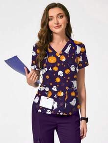cimmuovere Women's Halloween Print V-Neck Multi-Pocket Scrubs Nurse Scrubs Workwear Dentist Healthcare Pet Hospital Laboratory Uniform Top - Purple - View 3