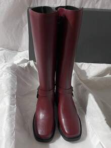 Fall/Winter 2025 New Mid-Heel Knee-High Boots, Simplistic Motorcycle Riding Style, Versatile For Women - Burgundy - View 3