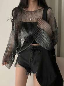 Cropped Knit Sweater For Women, Sexy Cutout Design, Versatile Cold Shoulder Top - Black and White - View 2