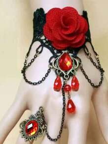 1 件女士复古哥特朋克时尚勃艮第花朵蕾丝手链腕带配红色宝石戒指万圣节