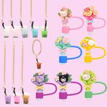 Sanrio 9pcs Sanrio Character Mug Accessories Set, Includes 7 Straw Lids And 2 Random Mug Chains Suitable For 8-10mm Straws, Gift Set Packaged In A Complete Gift Box
