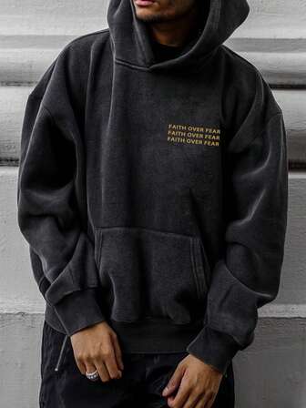 Men's Casual Slim Fit "FAITH OVER FEAR" Letter Graphic Print Drop Shoulder Hoodie, Long Sleeve Top
