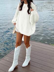 Women's Loose Solid Color Long Sleeve Thick Knit Sweater, Round Neck Warm Pullover Sweater, Suitable For Casual Daily Wear In Autumn And Winter - Cream - View 2