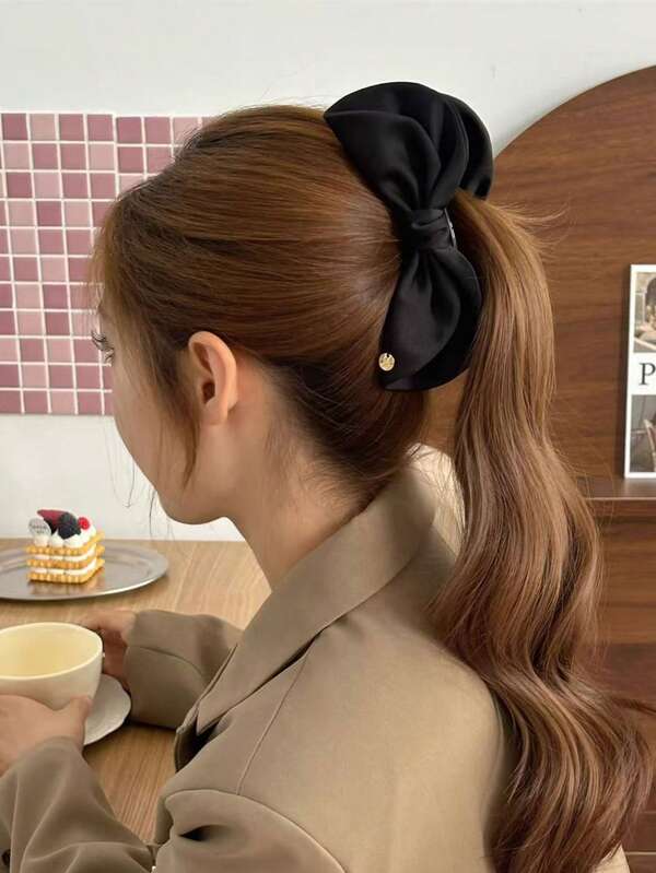 1pc Polyester Casual Bow Banana Hair Claw, Suitable For All Seasons Hair Accessories Fall Claw Clip Fashion Hair Clip Autumn Hair Clutch Winter Accessories For Vacation Outfits Woman