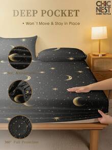 1件装时尚黑色星月图案床裙，床垫保护套，情人节爱心图案，柔软透气，适用于单人床、双人床、大号床、特大号床，深口袋设计，最大可达11.8英寸，抗皱，提升睡眠质量，可机洗。返校季宿舍必备。 - 黑色 - 查看 2