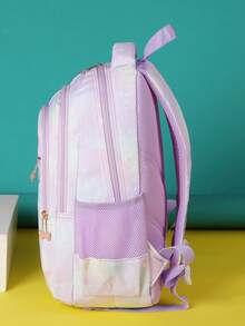 1pc Girls Mermaid & Fish Pattern Letter Patch Decor Zipper Classic Backpack - Purple - View 3