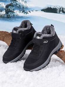 Botas cortas con forro térmico para adolescentes/estudiantes, botas de nieve para exteriores, botas de senderismo, a prueba de frío y cálidas, resistentes al desgaste y antideslizantes, con cierre de gancho y bucle para un uso cómodo, de unicolor negro, fáciles de limpiar