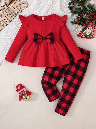2pcs Baby Girls' Christmas Plaid Round Neck Cap Sleeve Fashion Outfit Set