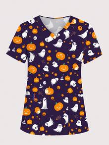 cimmuovere Women's Halloween Print V-Neck Multi-Pocket Scrubs Nurse Scrubs Workwear Dentist Healthcare Pet Hospital Laboratory Uniform Top - Purple - View 1