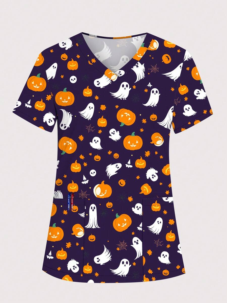 cimmuovere Women's Halloween Print V-Neck Multi-Pocket Scrubs Nurse Scrubs Workwear Dentist Healthcare Pet Hospital Laboratory Uniform Top - Purple - View 1