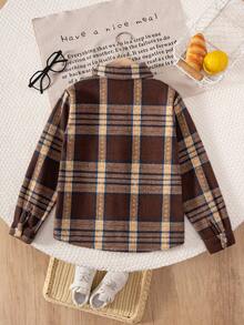 Young Boy Classic Streetwear Brown Plaid Long Sleeve Shacket, Kids/Toddler - Brown - View 4