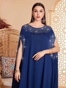Abaya de Cor Sólida com Punho e Gola Redonda Bordada com Contas e Decorada com Strass, Adequada para Várias Ocasiões como Festivais, Reuniões, Uso Diário, Macia e Confortável para Férias na Primavera - Azul - Visão 7
