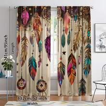 2pcs Vintage Boho Style Feather Window Curtains - Dreamcatcher & Turquoise Design, Rod Pocket, Suitable For Bedroom, Living Room, Kitchen, Office - Washable Polyester Fabric, Semi-Sheer, Perfect Home Decor, Living Room Curtains - Multicolor - View 18