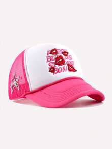1pc Men's Lip Embroidery Trucker Hat With Star Mesh, Fashionable Outdoor Sun Protection Baseball Cap For Spring, Autumn Travel, Beach Holiday - Multicolor - View 7
