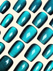 30 件猫眼按压短指甲 Y2k 指甲蓝绿色方形渐变闪光简单图案可重复使用按压亚克力指甲假指甲用品，免费赠送 24 片果冻片和迷你锉刀 - 墨綠色 - 查看 2